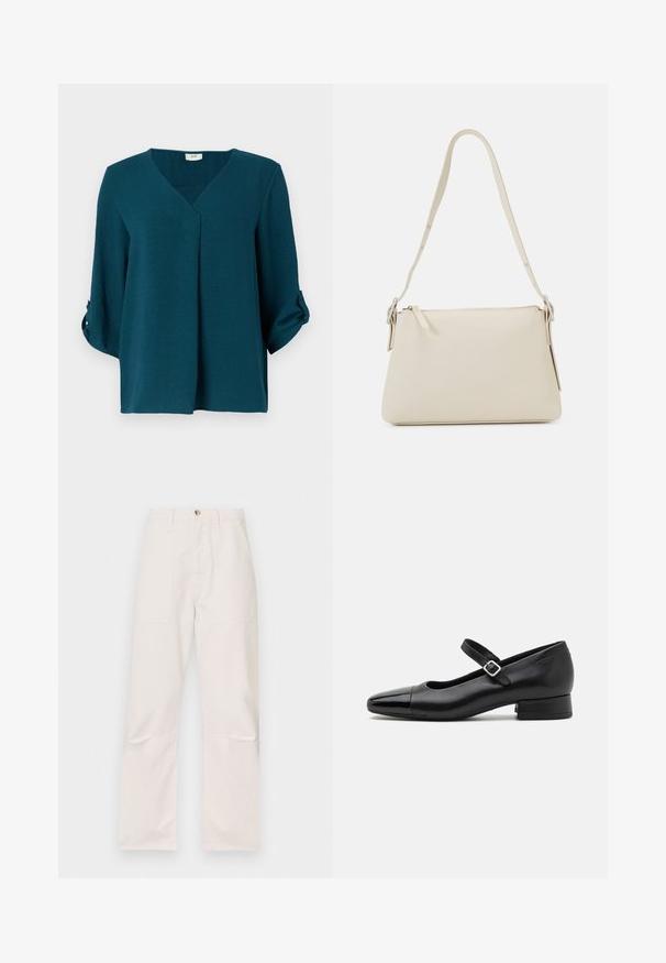 Teal blouse met een V-hals, driekwartmouwen en knoopmanchetten. Gemaakt van textuurstof met een losse pasvorm en een detail met een voorplooien.; Witte high-waisted broek gemaakt van een zachte stof, met twee voorzakken, een rechte pijpdesign en een enkele voering met knoop aan de voorkant.; Zwarte leren Mary Jane schoenen met een gepatenteerde neus, verstelbare enkelband en lage blokhak. Een gladde textuur en een elegante uitstraling.; Beige schoudertas van glad leer met een ritsluiting. Kenmerkt zich door een eenvoudig ontwerp, een slanke schouderband en metalen hardwareaccenten.