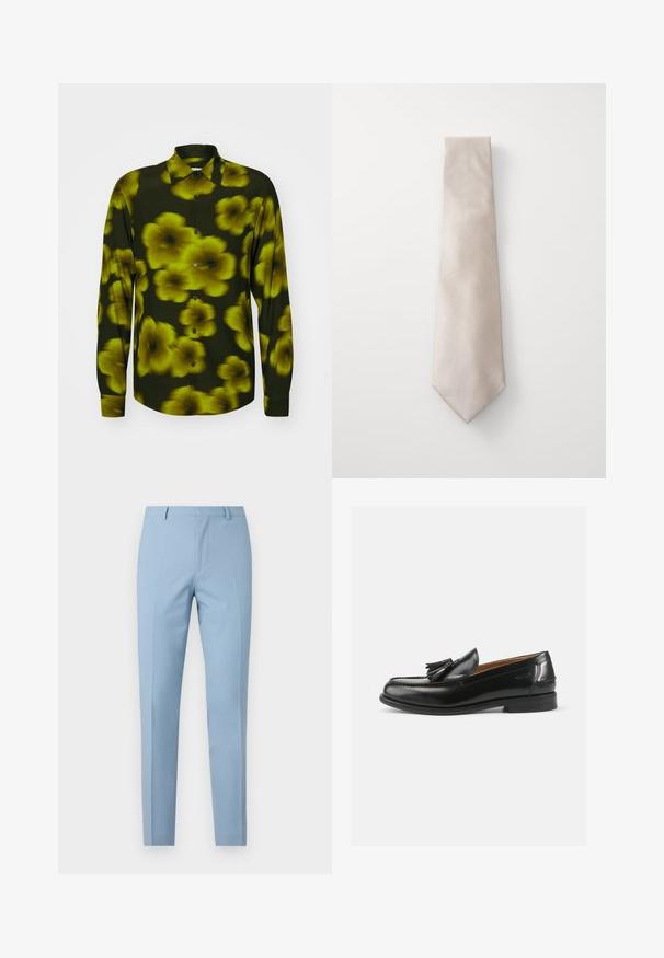 Chemise à manches longues de couleur vert foncé avec un motif floral jaune, présentant un col classique, une fermeture à boutons et des poignets droits. Texture de tissu lisse.; Pantalon ajusté bleu clair avec une coupe slim, texture lisse, pli devant, taille cintrée et passants de ceinture. Pas de poches visibles.; Mocassins en cuir noir avec un accent de gland, un bout arrondi et une finition lisse. La semelle est plate avec un motif de trottoir minimal.; Cravate en soie beige avec un motif géométrique texturé, d'un design étroit se rétrécissant vers une extrémité pointue, et d'une finition lisse.
