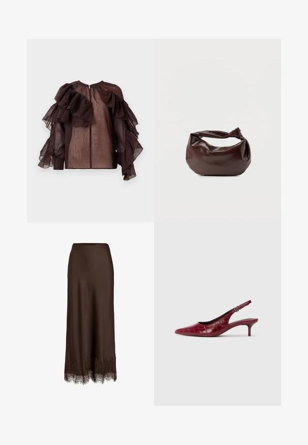 Blusa oscura de tela semitransparente con volantes de capas voluminosas en las mangas y el pecho superior, escote fruncido y cierre de botones en la parte posterior.; Falda larga marrón oscuro con cintura ajustada y delicado adorno de encaje en el dobladillo.; Zapato de tacón tipo slingback de cuero burdeos con textura de cocodrilo, punta afilada, correa ajustable con hebilla y tacón bajo tipo kitten sobre un fondo blanco.; Bolso de hombro de cuero marrón oscuro con una forma suave y caída, y un asa con nudo torcido sobre un fondo blanco liso.