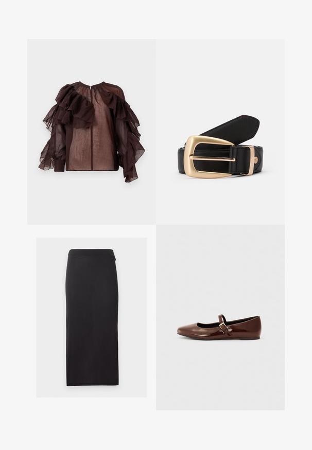Donkere doorzichtige blouse met volumineuze gelaagde ruches op de mouwen en de bovenkant van de borst, geplooide halslijn en knoopsluiting op de rug.; Zwarte kokerrok tot op de knie met een rechte, aansluitende silhouet en zonder zichtbare patronen of versieringen.; Bruine gepatineerde leren balletschoen met een vierkante neus en een bandje met een kleine gouden gesp. Gladde textuur, lage hak en minimalistisch ontwerp.; Zwarte leren riem met een gouden rechthoekige gesp. De riem heeft een gladde textuur en een subtiele stikselafwerking langs de randen.