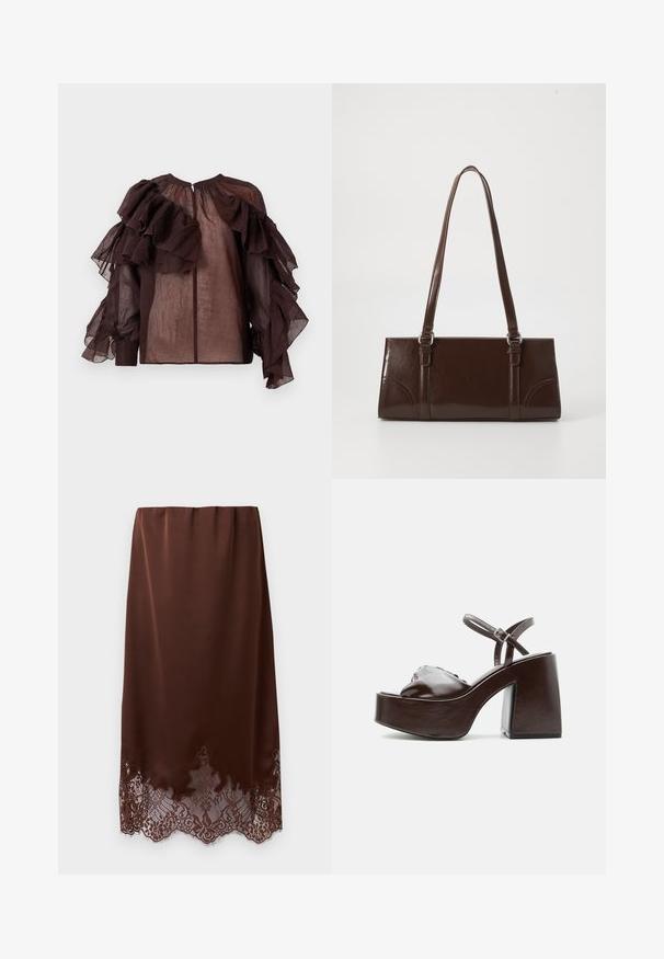 Blusa oscura de tela semitransparente con volantes de capas voluminosas en las mangas y el pecho superior, escote fruncido y cierre de botones en la parte posterior.; Falda marrón de satén con detalle de encaje con borde ondulado, corte recto y cintura elástica, presentada sobre un fondo blanco liso.; Sandalia de plataforma de cuero marrón oscuro con tacón grueso de bloque, puntera abierta y correa ajustable en el tobillo con hebilla metálica.; Bolso de mano de piel sintética marrón con forma rectangular, dos asas largas y sutiles acentos curvados en la parte delantera.
