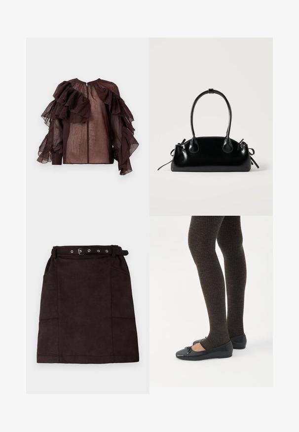 Blusa oscura de tela semitransparente con volantes de capas voluminosas en las mangas y el pecho superior, escote fruncido y cierre de botones en la parte posterior.; Mini falda de ante marrón con cintura ceñida, que presenta bolsillos laterales y detalles de costura. Textura suave con un diseño limpio y minimalista.; Piernas con leggings oscuros acanalados combinados con bailarinas negras que presentan pequeños detalles de lazo sobre un fondo blanco.; Pequeño bolso negro brillante con dos asas largas y detalles de cordón lateral sobre un fondo claro liso.