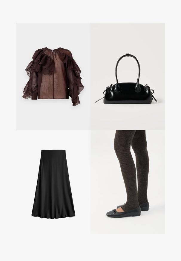 Blusa oscura de tela semitransparente con volantes de capas voluminosas en las mangas y el pecho superior, escote fruncido y cierre de botones en la parte posterior.; Falda negra de satén en línea A con textura suave y dobladillo fluido, hasta la rodilla, mostrada sobre un fondo blanco.; Piernas con leggings oscuros acanalados combinados con bailarinas negras que presentan pequeños detalles de lazo sobre un fondo blanco.; Pequeño bolso negro brillante con dos asas largas y detalles de cordón lateral sobre un fondo claro liso.