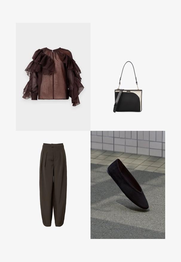 Donkere doorzichtige blouse met volumineuze gelaagde ruches op de mouwen en de bovenkant van de borst, geplooide halslijn en knoopsluiting op de rug.; Broek van donkerbruine stof, met een losse pasvorm, plooien aan de voorkant en een gladde textuur. De zoom van de pijpen is licht afgerond.; Zwarte platte schoen met spitse neus die zweeft boven een gestructureerde grijze ondergrond met betegelde muur op de achtergrond.; Rechthoekige zwart-beige schoudertas met verstelbare zwarte leren riemen en een klein gouden logo op de voorkant.