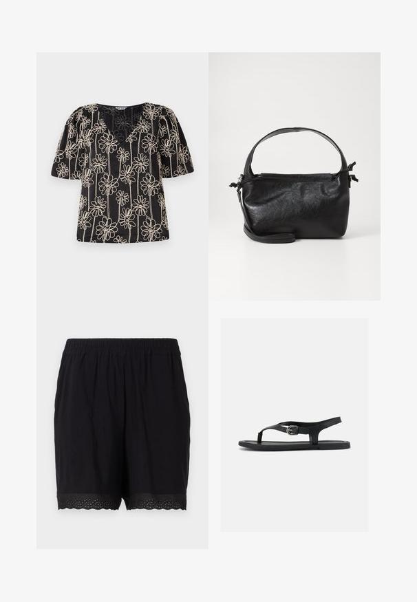 Haut noir avec des manches bouffantes, un col en V et une broderie de fleurs beige. Le motif floral est uniformément réparti sur le tissu.; Shorts noirs en coton avec une taille élastique et un ourlet festonné, comportant des détails perforés sur les bords. Tissu doux et léger.; Sandale plate noire avec bride à la cheville, entre-doigt et boucle argentée sur semelle lisse, vue de côté sur fond blanc.; Sac à main en cuir noir au design structuré, avec une poignée arrondie et une bandoulière amovible. Présente une texture lisse et un éclat subtil.