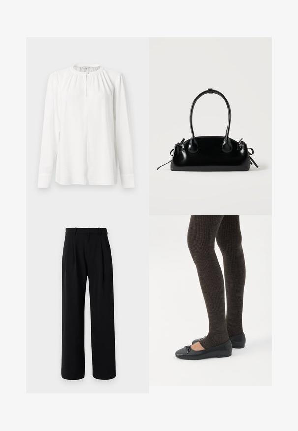 Blouse blanche à manches longues avec un col rond, des détails plissés et une fermeture à boutons sur le devant. Fabriquée en tissu léger et texturé.; Pantalons tailleur noirs taille haute avec jambes larges, passants de ceinture et pinces avant sur un fond blanc.; Jambes portant des leggings côtelés foncés associés à des ballerines noires avec de petits détails en nœud sur fond blanc.; Petit sac à main noir brillant avec deux longues anses et des détails à cordon sur les côtés sur un fond clair uni.