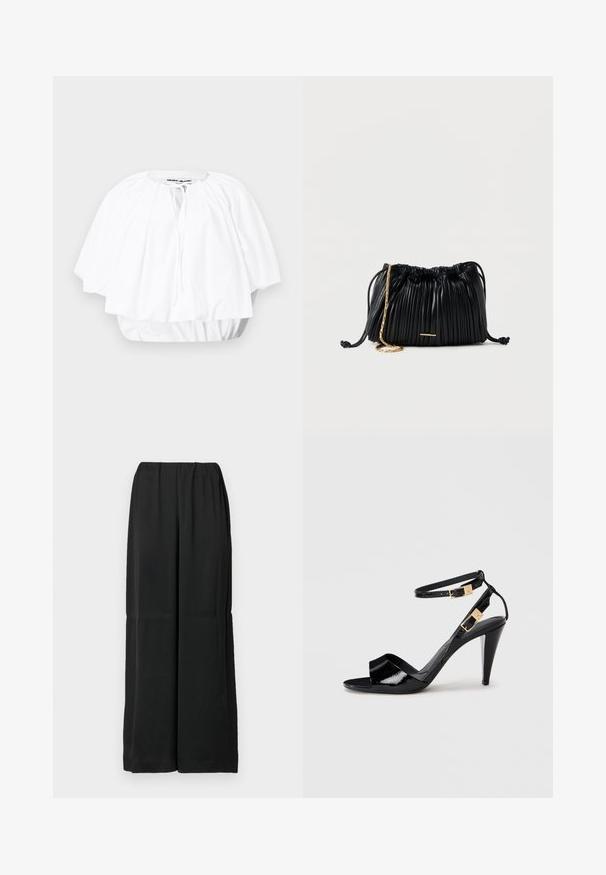 Blouse blanche ample à manches courtes, avec encolure froncée et ourlet élastiqué, dotée d'une petite fermeture à nouer sur le devant.; Pantalon noir à jambes larges en tissu doux, avec une taille élastique et un design épuré et minimaliste. Sans poches ni ornements.; Sandale à talon haut en cuir verni noir avec double bride de cheville et boucles dorées, bout ouvert, et talon effilé sur fond neutre.; Sac à main en cuir noir plissé avec cordon de serrage, bandoulière chaîne dorée et petit accent horizontal doré sur le devant.