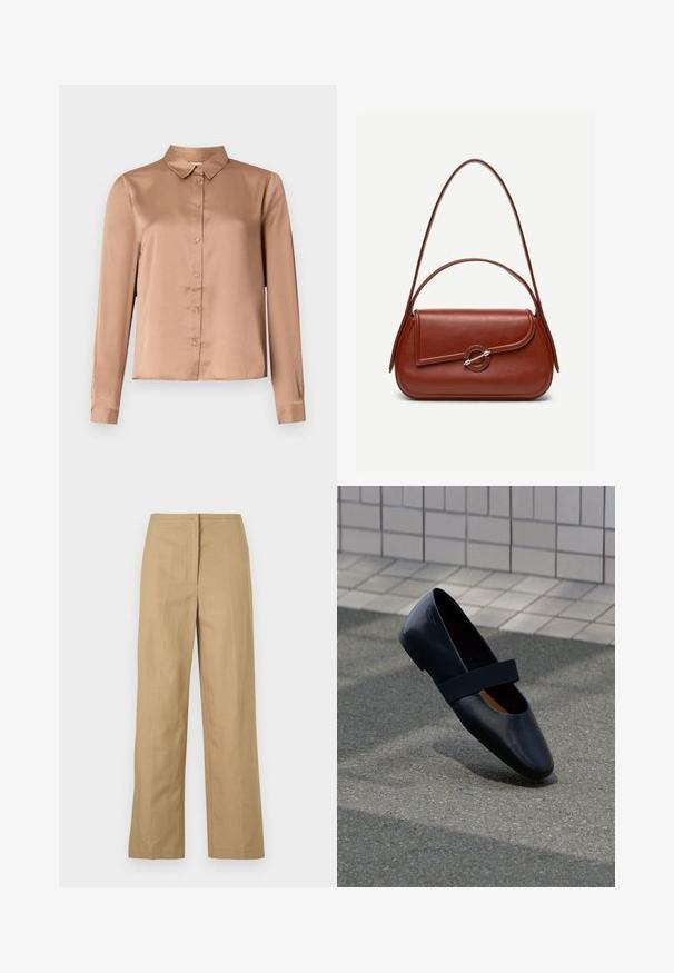 Langarmbluse aus hellbraunem Satin mit Kragen, Knopfleiste und taillierter Passform mit geradem Saum.; Beige, gerade geschnittene Hosen mit flachem Bund, Seitentaschen und einem glatten, leichten Stoff. Keine sichtbaren Muster oder Hardware-Details.; Schwarze Leder-Ballerina mit runder Zehenpartie, ausgestattet mit einem weichen schwarzen Elastikband über dem Vorderfuß. Glatte Textur und minimalistisches Design.; Braune Leder-Schultertasche mit abgerundeter rechteckiger Form, asymmetrischer Klappe, silbernem runden Verschluss und zwei dünnen Riemen.