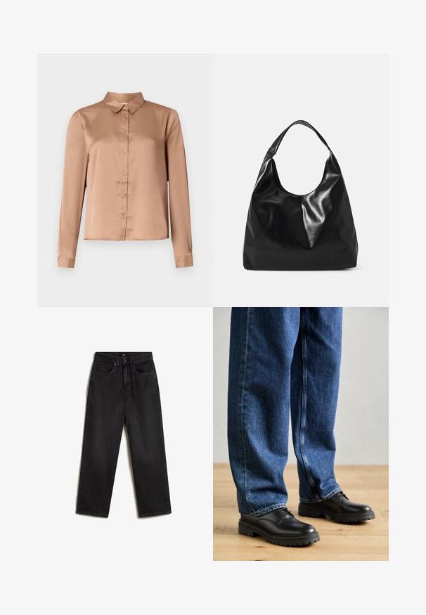 Langærmet bluse i lysbrun satin med krave, knaplukning foran og skræddersyet pasform med lige kant.; Vans SIRELLE 5 POCKET PUDDLE TROUSERS, - Jeans Straight Leg - black; Sorte lædersko med rund tå, snørebåndsdesign og tyk, struktureret gummisål, parret med løstsiddende blå denimjeans.; Sort læder hobo taske med en blød, skinnende tekstur og en rund, åben top. Har en bred, buet strop til bæring. Ingen synlig hardware.