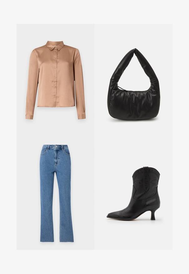 Langærmet bluse i lysbrun satin med krave, knaplukning foran og skræddersyet pasform med lige kant.; Slim fit blå jeans lavet af denim, med høj talje, flare ben og subtile syninger detaljer. Klassisk fem-lomme design.; Sort læder cowboystøvle med spids tå, lav hæl og dekorativ pyntesyning på skaftet og tåområdet. Glat tekstur overalt.; Sort læder skuldertaske med en afslappet design, der har et karakteristisk knyttet håndtag og en lynlåslukning. Glat tekstur overalt.