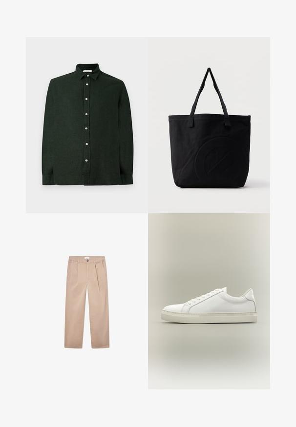 Camisa de manga larga verde oscuro hecha de un tejido texturizado, con un cierre frontal de botones y un collar clásico. Diseño liso sin patrones.; Pantalones caqui de algodón con un diseño de pierna recta, que cuentan con dos bolsillos delanteros, un cierre de botón y un corte clásico.; Zapatilla blanca de perfil bajo con cordones en la parte delantera y suela gruesa, mostrada de lado sobre un fondo neutro.; Bolsa tote de lona negra con dos correas para el hombro y un diseño circular en relieve sutil en el frente.