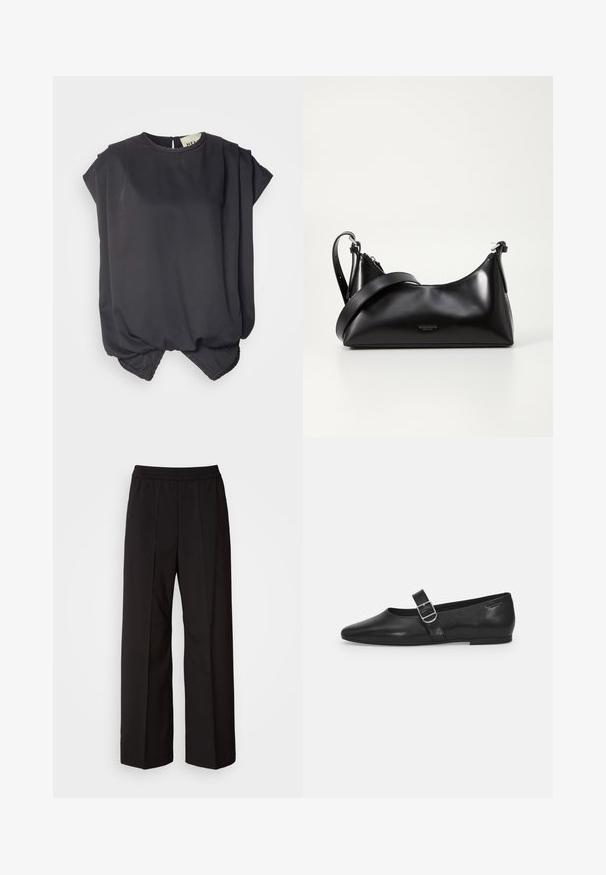 Schwarzes Kurzarmoberteil aus glattem Stoff. Hat einen runden Halsausschnitt, ein Drapé-Design und einen gerafften Saum mit einer leicht kugeligen Form.; Schwarze weit geschnittene Hosen mit einem plissierten Design, elastischem Bund und glatter Stofftextur. Geeignet für verschiedene Anlässe.; Schwarzer Lederflatschuh mit runder Zehenform, einem verstellbaren Schnallenriemen und einer glatten, glänzenden Oberfläche. Minimalistisches Design mit einem niedrigen Absatz.; Schwarze lederne Handtasche mit glatter Textur. Verfügt über einen verstellbaren Riemen und ein elegantes, minimalistisches Design mit einem Reißverschluss.