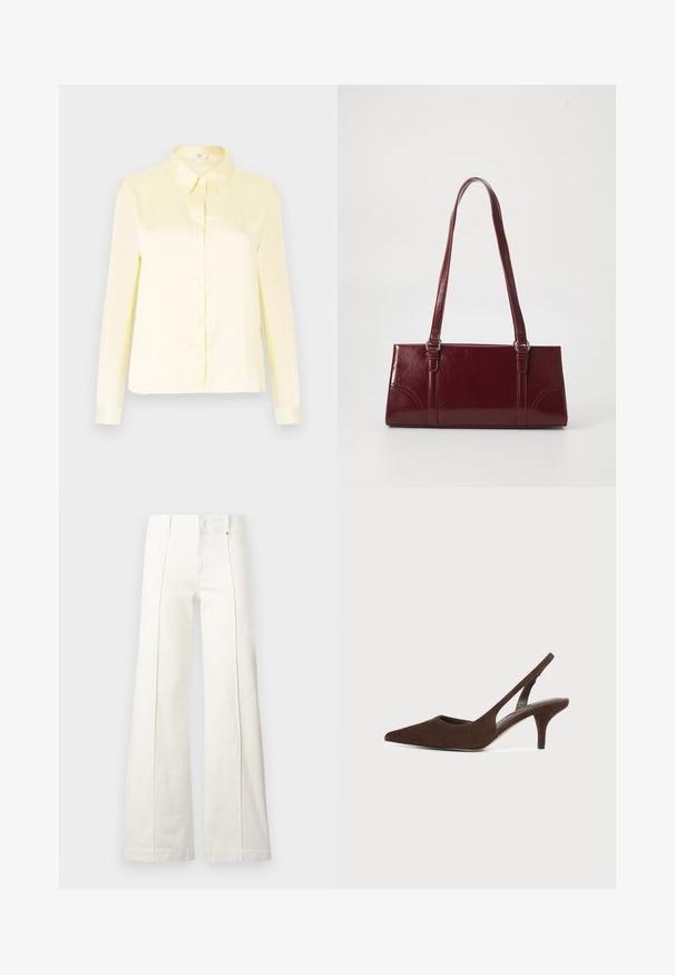Blouse en satin jaune pâle à manches longues avec une fermeture à boutons sur le devant et un col classique sur un fond uni.; Pantalon blanc taille haute à jambes larges avec coutures avant et passants pour ceinture, présenté sur un fond clair uni.; Escarpin slingback en daim brun foncé avec bout pointu et talon kitten sur un fond clair uni.; Sac à main bordeaux en matériau brillant, de forme rectangulaire, avec deux anses et des accents légèrement courbés à l'avant.