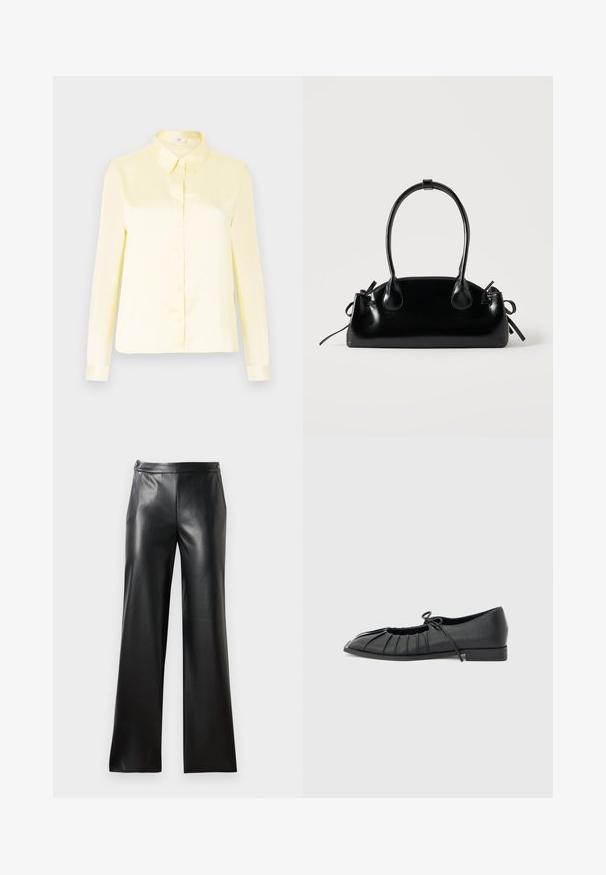 Blouse en satin jaune pâle à manches longues avec une fermeture à boutons sur le devant et un col classique sur un fond uni.; Pantalons larges en cuir noir avec une texture lisse, poches avant et fermeture éclair. Présente un design épuré et minimaliste.; Chaussure plate noire avec design plissé à l'avant et un nœud noué sur le dessus, petit talon, et texture lisse sur un fond gris clair.; Petit sac à main noir brillant avec deux longues anses et des détails à cordon sur les côtés sur un fond clair uni.