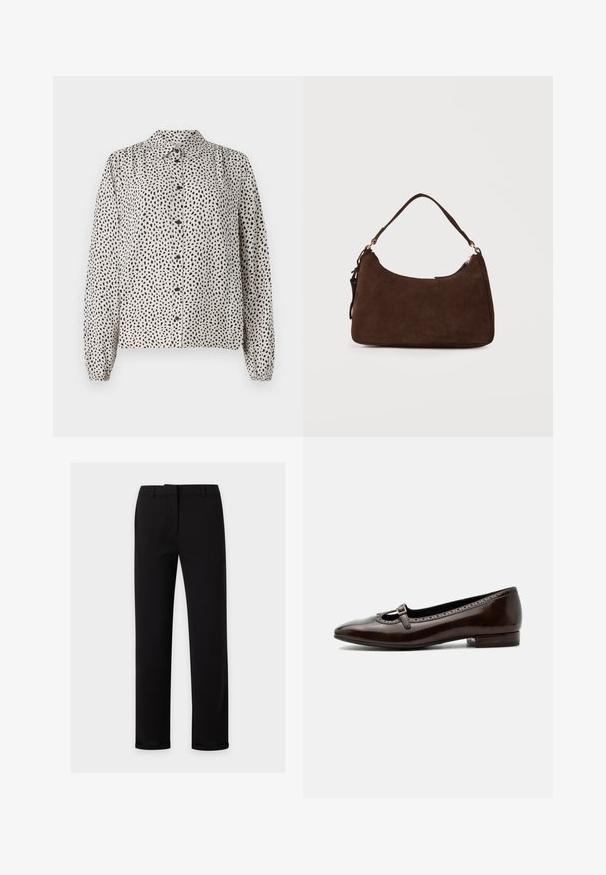 Button-up skjorte i creme med sorte pletter, med krave, lange ærmer og elastiske manchetter. Lavet af et letvægts og glat stof.; Sorte bukser med lige ben med bæltestropper, foran lynlås og en glat linning, vist på en ensartet lys baggrund.; Mørkebrun laklæder Mary Jane-sko med lav hæl, rund tå og lille spænde over toppen.; Brun ruskind skuldertaske med en enkelt rem og lynlåslukning mod en ensfarvet lys baggrund.