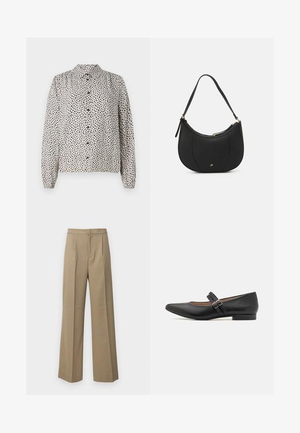 Camisa abotonada en crema con manchas negras, con cuello, mangas largas y puños elásticos. Confeccionada en una tela ligera y suave.; Pantalones de pierna ancha en color beige, confeccionados con una tela texturada. Cuentan con pliegues frontales y una cinturilla plana. Sin cierres visibles ni bolsillos.; Zapato negro de cuero estilo Mary Jane con punta afilada, dos hebillas de correa, tacón bajo y textura suave. Diseñado para una apariencia formal.; Bolso de mano de cuero negro con forma curva, superficie texturizada, costuras frontales y un logo en tono dorado. Cuenta con una sola correa ajustable.