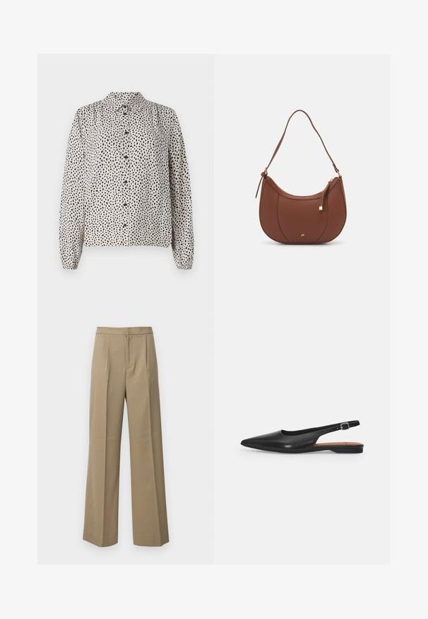 Button-up skjorte i creme med sorte pletter, med krave, lange ærmer og elastiske manchetter. Lavet af et letvægts og glat stof.; Beige vide ben bukser lavet af et tekstureret stof. Har frontfolder og en flad talje. Ingen synlige lukninger eller lommer.; Sorte læder slingback sko med spidse tæer, subtil glans og justerbar ankelrem. Flad hæl med en brun indersål.; Brun faux læder skuldertaske med buet form, minimal syning og en guldtonet hardwaredetalje. Har en top lynlåslukning og justerbar rem.