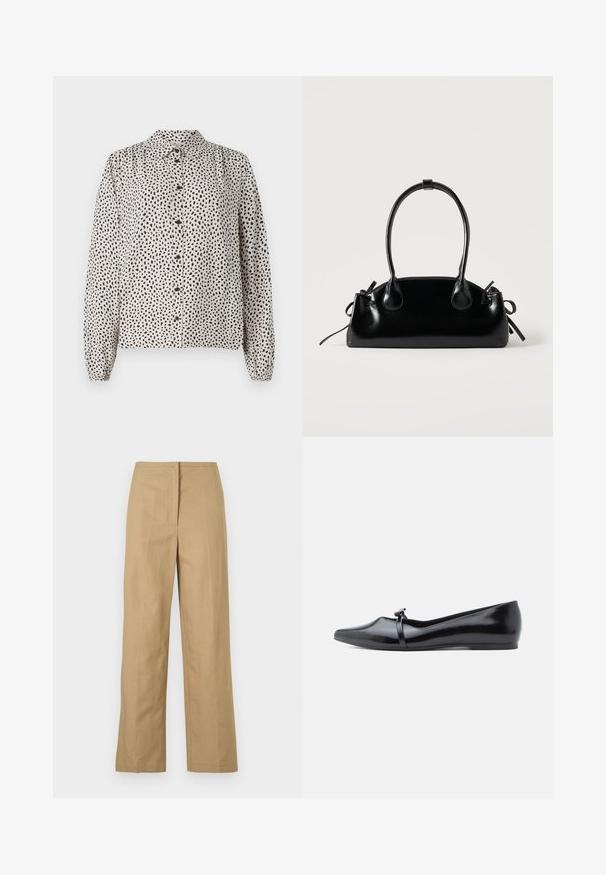 Camisa abotonada en crema con manchas negras, con cuello, mangas largas y puños elásticos. Confeccionada en una tela ligera y suave.; Pantalones rectos beige con frente plano, bolsillos laterales y una tela suave y ligera. Sin patrones visibles ni detalles de hardware.; Bailarina de charol negro con punta afilada, correa decorativa y textura lisa. Diseño minimalista sin adornos visibles.; Pequeño bolso negro brillante con dos asas largas y detalles de cordón lateral sobre un fondo claro liso.