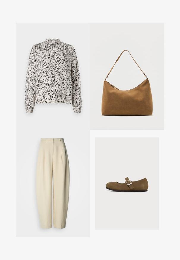 Knoopshirt in crème met zwarte spikkels, met een kraag, lange mouwen en elastische manchetten. Gemaakt van een lichtgewicht, gladde stof.; Beige geplooide broek met een hoge taille, brede pijpen en een gladde textuur. Ontworpen met voorzakken en een getailleerde pasvorm.; Bruine suède Mary Jane schoen met een zilveren gesp en zwarte zool, zijaanzicht op een lichte achtergrond.; Bruine suède schoudertas met een enkele band en een ritssluiting aan de bovenkant, gepresenteerd tegen een effen witte achtergrond.
