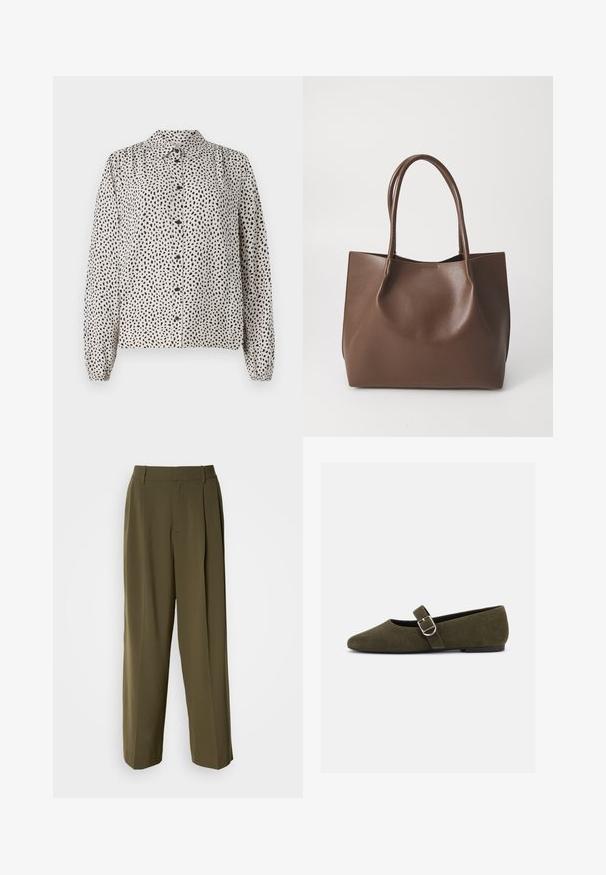 Camisa abotonada en crema con manchas negras, con cuello, mangas largas y puños elásticos. Confeccionada en una tela ligera y suave.; Pantalones de pierna ancha verde oliva, confeccionados con una tela suave, que cuentan con una cintura alta, pliegues en la parte delantera y bolsillos laterales para mayor funcionalidad.; Zapato plano Mary Jane de ante verde oliva con hebilla de plata y punta redondeada, mostrado sobre un fondo blanco.; Bolso tote de cuero marrón con dos asas largas, forma estructurada, textura suave y diseño minimalista. Sin herrajes o acentos visibles.