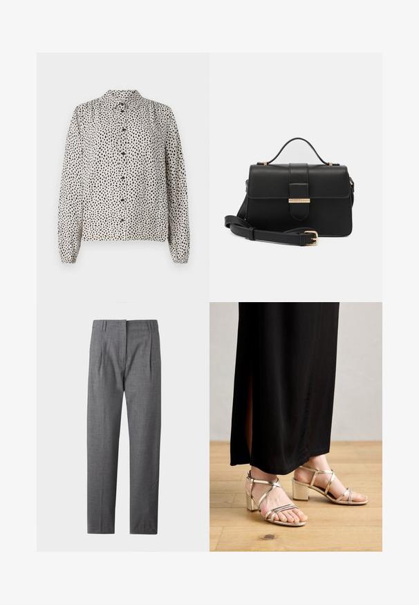 Button-up skjorte i creme med sorte pletter, med krave, lange ærmer og elastiske manchetter. Lavet af et letvægts og glat stof.; Grå bukser med lige ben, bæltestropper, forkanter og en skjult frontlukning.; Guld strop sandaler med blokhæl, med metallisk finish, ankelrem og åben tå design. Kombineret med en sort maxi nederdel.; Sort læderhåndtaske med gyldne metalaccenter, rektangulær form, flaplukning, justerbar skulderrem, glat tekstur, minimalistisk design.