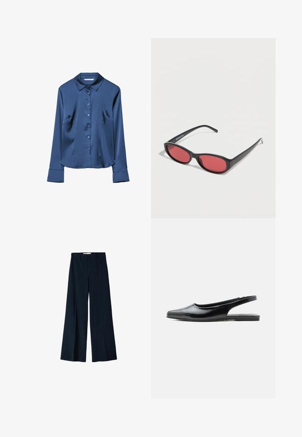 Chemise en satin bleu marine à manches longues avec un col, des boutons à l'avant et des poches latérales. Texture douce et coupe ajustée.; Pantalons larges navy en tissu lisse, dotés de deux plis avant et d'une fermeture à un bouton à la taille.; Chaussure plate à bride arrière en cuir verni noir avec bout pointu et petit talon sur fond blanc.; Lunettes de soleil ovales noires avec des branches fines et des verres teintés rouges posées sur une surface blanche.