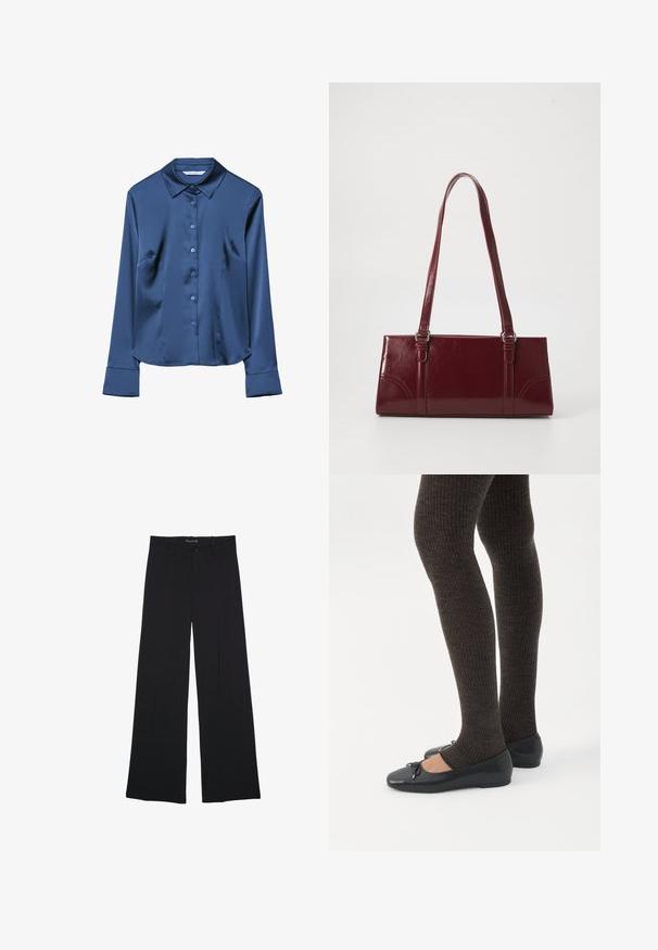 Chemise en satin bleu marine à manches longues avec un col, des boutons à l'avant et des poches latérales. Texture douce et coupe ajustée.; Pantalon noir à jambes larges avec passants de ceinture, bouton frontal et fermeture éclair, étalé à plat sur un fond blanc.; Jambes portant des leggings côtelés foncés associés à des ballerines noires avec de petits détails en nœud sur fond blanc.; Sac à main bordeaux en matériau brillant, de forme rectangulaire, avec deux anses et des accents légèrement courbés à l'avant.