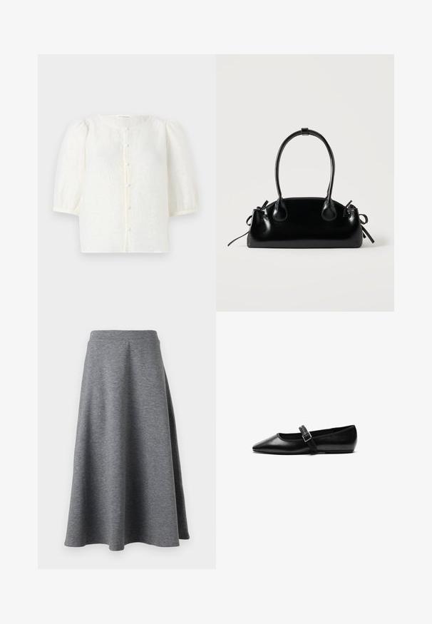 Blusa blanca con tejido texturizado, escote redondo y mangas cortas abullonadas. Cuenta con un cierre de botones en la parte frontal con botones pequeños y redondos.; Falda gris, hasta las rodillas, hecha de un material suave y elástico, con un diseño acampanado y una cinturilla elástica para mayor comodidad.; Zapato plano negro de cuero con punta afilada, correa ajustable con hebilla de metal, textura suave y diseño minimalista.; Pequeño bolso negro brillante con dos asas largas y detalles de cordón lateral sobre un fondo claro liso.
