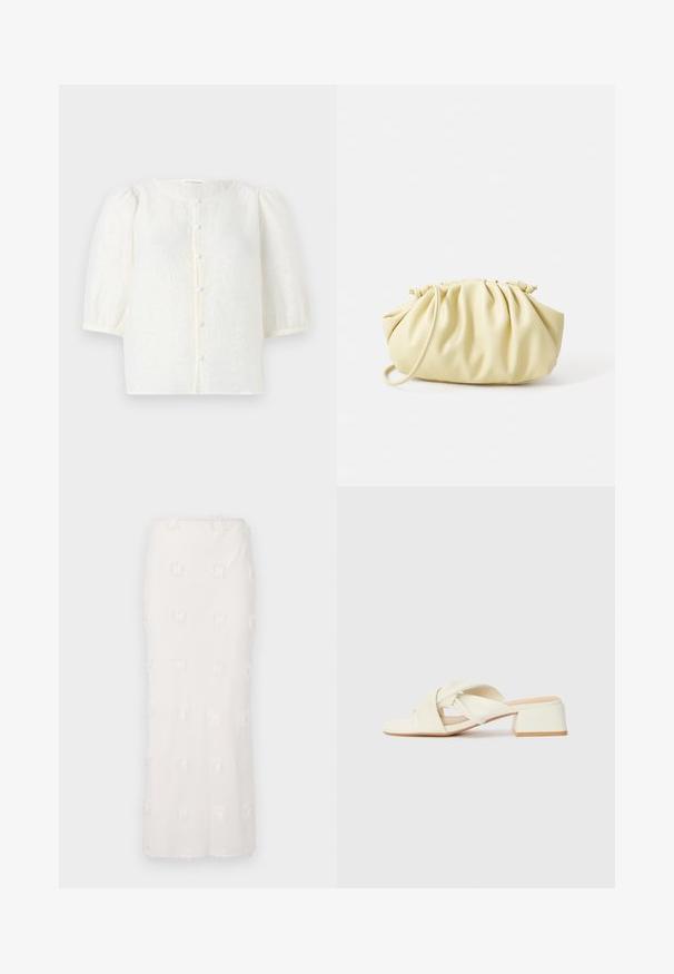 Blusa blanca con tejido texturizado, escote redondo y mangas cortas abullonadas. Cuenta con un cierre de botones en la parte frontal con botones pequeños y redondos.; Falda blanca hasta la rodilla hecha de tejido texturizado, con un patrón bordado y un sutil fleco. Corte recto y cinturilla sin costuras.; Sandalias de tacón bloque color crema con correas retorcidas y una base plana para los dedos. Material sintético suave con un acabado mate.; Bolso amarillo plisado hecho de cuero sintético suave, con una forma blanda y una sola correa para el hombro, además de un diseño de parte superior recogida.