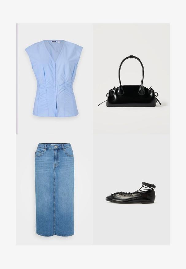 Top sans manches bleu clair avec un décolleté en V, des détails froncés sur les côtés et une fermeture à boutons à l'avant, fabriqué dans un tissu lisse avec un éclat subtil.; Jupe midi en denim bleu avec une fermeture à boutons sur le devant, cinq poches et une coupe droite. Présente un lavage décoloré et des détails cousus.; Ballerines en cuir verni noir avec un bout rond, un design à lacets et une semelle plate. Texture lisse avec peu de détails.; Petit sac à main noir brillant avec deux longues anses et des détails à cordon sur les côtés sur un fond clair uni.