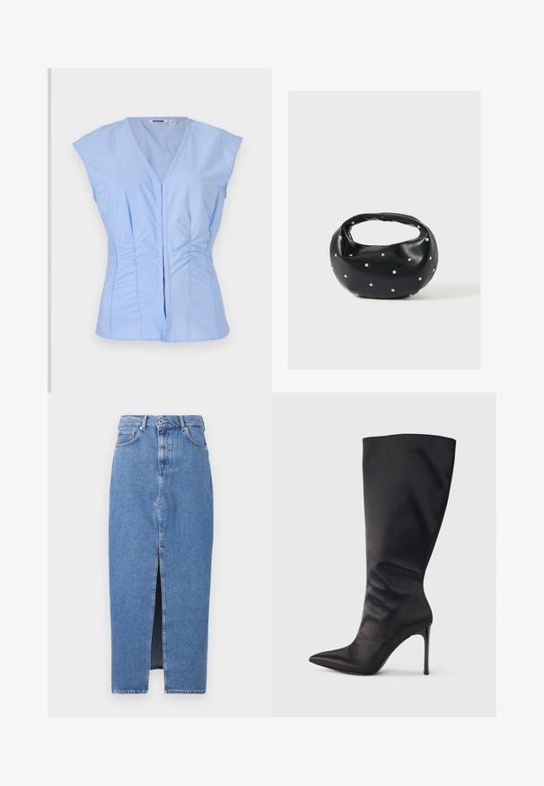 Top sans manches bleu clair avec un décolleté en V, des détails froncés sur les côtés et une fermeture à boutons à l'avant, fabriqué dans un tissu lisse avec un éclat subtil.; Jupe midi en denim bleu clair avec une fente avant, design classique à cinq poches et fermeture par bouton supérieur. Le tissu présente une légère texture.; Botte noire haute jusqu'aux genoux en cuir verni lisse et élégant ; bout pointu ; ajustée avec un léger froncé près de la cheville ; talon brillant.; Sac à main en cuir noir de forme arrondie, décoré de clous argentés et équipé d'une poignée courte. Texture lisse et fermeture éclair.