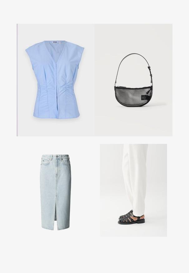 Top sans manches bleu clair avec un décolleté en V, des détails froncés sur les côtés et une fermeture à boutons à l'avant, fabriqué dans un tissu lisse avec un éclat subtil.; Jupe midi en denim bleu clair avec fente devant, passants de ceinture, fermeture par bouton et zip, ainsi que poches avant et arrière.; Personne portant un pantalon blanc et des sandales noires en cuir à bout ouvert avec une boucle, debout sur un fond blanc.; Sac à main en maille noire forme demi-lune avec une courte bandoulière en cuir réglable et une fermeture éclair sur un fond clair uni.