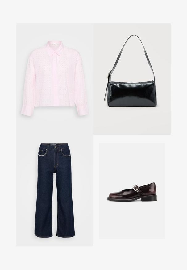Camisa ajustada de tono rosa claro con cuello estructurado, mangas largas y un corte corto. Presenta pequeños lunares negros y textura acanalada.; Vaqueros de pierna ancha de color azul oscuro, confeccionados en denim, con una cintura alta, dos bolsillos frontales con costuras decorativas y un cierre de un solo botón.; Zapato único Mary Jane brillante de color burdeos oscuro con correa ancha y hebilla plateada, tacón bloque bajo y punta redondeada sobre fondo blanco.; Bolso de hombro rectangular negro con una correa ajustable y un cierre de cremallera superior sobre un fondo liso.