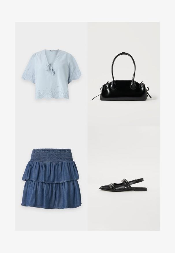 Himmelblaues, kurzes Blusenshirt mit kurzen Puffärmeln, dekorativen Lochmustern am Saum und einer Schleifenverzierung am V-Ausschnitt.; Blauer gestufter Jeansrock mit weitem gerafftem Bündchen und zwei gesammelten Lagen auf einfarbigem Hintergrund.; Even&Odd by Zalando Sling-Ballerina - black; Kleine schwarze glänzende Handtasche mit zwei langen Griffen und seitlichen Kordelzug-Details vor einfachem hellem Hintergrund.