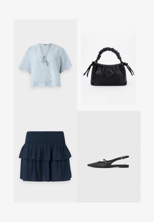 Himmelblaues, kurzes Blusenshirt mit kurzen Puffärmeln, dekorativen Lochmustern am Saum und einer Schleifenverzierung am V-Ausschnitt.; Marineblauer Minirock mit breitem gerafftem Bund und geschichteten Volant-Details oben.; Schwarze Slingback-Schuhe aus Leder mit spitzer Zehenpartie, schmalem Riemen und silberner Schnallenverzierung an der Seite. Flache Sohle.; Schwarze Handtasche mit Krokodilstruktur, gerafftem oberen Rand, zusammengezogenem Griff und Zugkordeln mit Quasten an jeder Seite vor weißem Hintergrund.