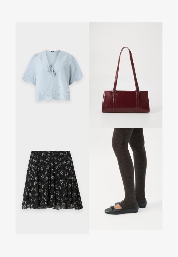 Blouse cropped bleu clair avec des manches bouffantes courtes, des motifs d'œillets décoratifs le long de l'ourlet et un détail à cravate au niveau du col en V.; Jupe plissée noire avec imprimé floral blanc et olive, tissu fluide à texture subtile, coupe mi-longue.; Jambes portant des leggings côtelés foncés associés à des ballerines noires avec de petits détails en nœud sur fond blanc.; Sac à main bordeaux en matériau brillant, de forme rectangulaire, avec deux anses et des accents légèrement courbés à l'avant.