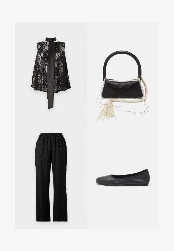 Haut en dentelle noire avec un design sans manches, doté d'un nœud au cou. La dentelle présente des motifs floraux et une texture transparente, créant un look élégant.; Pantalons noirs à taille élastique avec un design texturé présentant un motif discret, coupe droite et un tissu léger.; Ballerines en cuir noir avec un bout rond, texture lisse, détails de couture minimalistes et design de semelle flexible.; Sac en cuir noir avec une poignée arrondie, fermeture éclair en argent, bordure en fourrure blanche et un long gland crème attaché à l'avant.