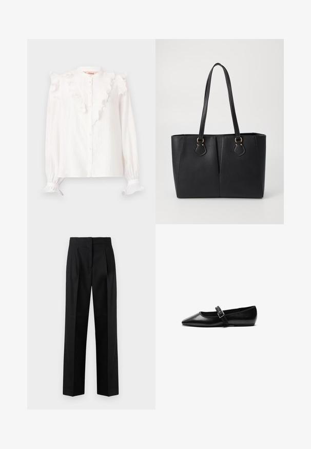 Blusa blanca hecha de tela ligera, con frente y puños con volantes, cierre de botones y mangas largas.; Pantalones negros de tela tejida, con un diseño ajustado que incluye pliegues, pierna recta y frontal plano. Textura duradera y suave.; Zapato plano negro de cuero con punta afilada, correa ajustable con hebilla de metal, textura suave y diseño minimalista.; Bolso tote de cuero sintético negro con un acabado texturizado, dos asas largas y detalles en tono dorado en el lateral. Forma rectangular.