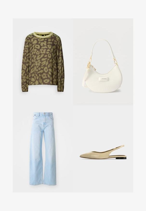 Haut marron à manches longues avec un motif floral abstrait vert, col rond avec des rayures jaunes et poignets élastiques.; Jeans à jambes larges bleu clair en denim, à taille haute, avec poches avant, fermeture à bouton et détails de couture au bas.; Chaussure plate beige à bout pointu avec bride arrière, petit talon noir et finition en cuir lisse, vue de côté sur un fond uni.; Sac d'épaule blanc en forme de croissant avec des pièces métalliques dorées, fermeture éclair, et logo "LACOSTE" sur le panneau avant.