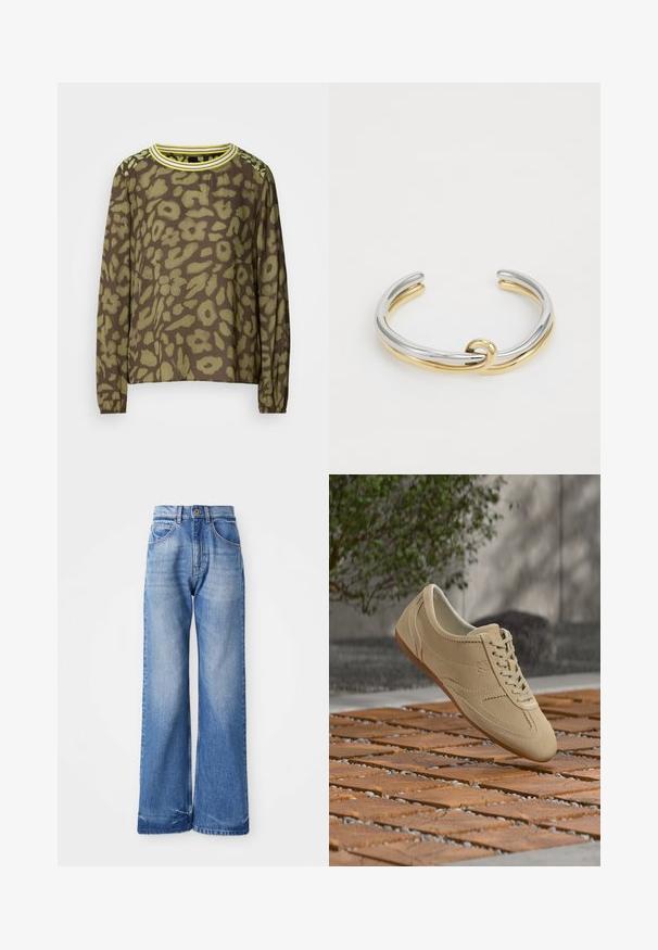 Haut marron à manches longues avec un motif floral abstrait vert, col rond avec des rayures jaunes et poignets élastiques.; Jean large bleu clair en denim, doté d'une taille haute, de cinq poches et de légères traces de frottement à l'avant pour une texture.; Baskets en daim beige à lacets flottant au-dessus d'un sol en carrelage en bois, avec de la verdure et un mur gris en arrière-plan.; Bracelet en métal avec des bandes entrelacées en argent et en or, finition lisse et polie. Détail de nœud notable au centre.