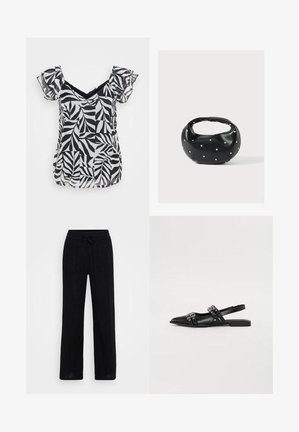 Blusa corta de manga corta en blanco y negro con escote en V y mangas con volantes, con un patrón de hojas en una tela ligera y un corte holgado.; Pantalones de lino negros de pierna ancha con cintura elástica y cordón. Textura suave, tejido transpirable y diseño de largo completo.; Even&Odd by Zalando Bailarinas con tira trasera - black; Bolso de mano de cuero negro con forma redondeada, decorado con detalles de tachuelas plateadas y un asa corta. Textura lisa y cierre con cremallera.