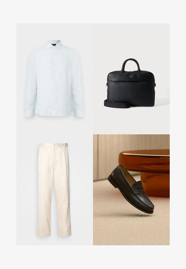 Chemise à boutons pour homme en bleu clair avec des rayures verticales blanches, col classique, manches longues et logo subtil sur la poitrine.; Pantalon en coton beige avec une coupe droite, présentant une fermeture à bouton et des plis sur le devant pour plus de détails.; Chaussure mocassin en cuir noir suspendue au-dessus d’un tapis beige avec du mobilier moderne couleur ambre en arrière-plan.; Serviette en cuir noir texturé avec poignées supérieures et bandoulière amovible, montrant un petit logo avant sur fond gris neutre.