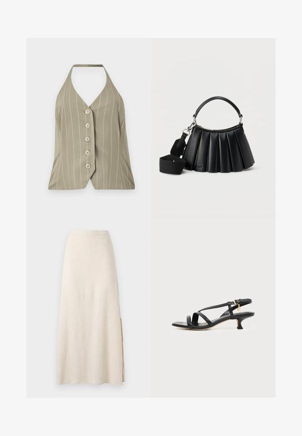 Haut à col halter en vert olive clair, arborant des rayures blanches verticales, cinq boutons sur le devant et une coupe ajustée avec un ourlet évasé.; Jupe beige longueur cheville à coupe droite avec une fente latérale subtile, fabriquée en tissu texturé.; Sandale noire en cuir à brides fines, talon bas kitten, boucle à la cheville et petit pendentif doré sur fond clair uni.; Sac à main noir en cuir plissé avec poignée courte et bandoulière large en tissu détachable sur fond blanc.