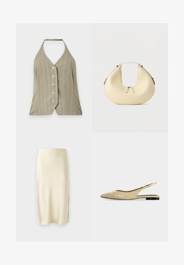 Haut à col halter en vert olive clair, arborant des rayures blanches verticales, cinq boutons sur le devant et une coupe ajustée avec un ourlet évasé.; Jupe midi en satin jaune pâle avec une texture lisse, présentant une fente latérale et un design à coupe droite. Silhouette simple et élégante.; Chaussure plate beige à bout pointu avec bride arrière, petit talon noir et finition en cuir lisse, vue de côté sur un fond uni.; Sac à main beige en forme de croissant avec fermeture à double fermeture éclair et poignée courte, avec des détails en métal argenté sur les côtés.