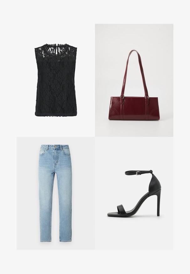 Sort blonde ærmeløs top med blomster mønster, scallopet halsudskæring og nøglehul bagpå. Letvægtsstof med tekstureret overflade.; Lyseblå denimjeans med lige ben, fem-lomme-design, metalknaplukning og diskrete slidningsdetaljer foran.; Sort højhælet sandal med et sleek design, der har en ankelrem, åben tå og glat lædertekstur.; Bordeaux håndtaske lavet af glansfuldt materiale, rektangulær form, med to skulderremme og subtile buede detaljer på forsiden.