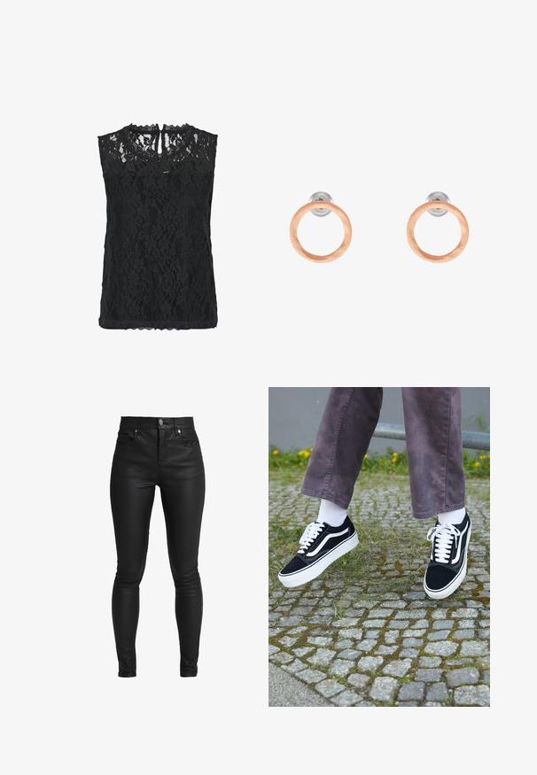 Sort blonde ærmeløs top med blomster mønster, scallopet halsudskæring og nøglehul bagpå. Letvægtsstof med tekstureret overflade.; Sorte faux læder skinny jeans med høj talje, fem lommer og glat tekstur, med lynlåsfluge og metal knaplukning.; Sorte ruskinds sneakers med hvide accenter, med rund tå, tyk hvid sål og klassisk snørebåndsdesign, båret med hvide sokker og lilla bukser.; Rosaguldne runde stud øreringe med en børstet finish, der har gennemsigtige bagsider for sikker bæring. Enkel og minimalistisk design.