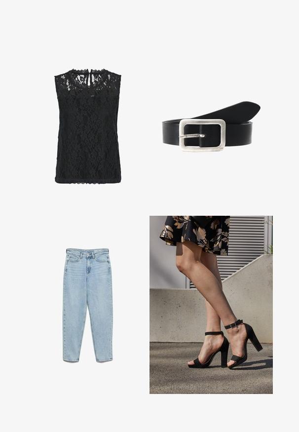 Sort blonde ærmeløs top med blomster mønster, scallopet halsudskæring og nøglehul bagpå. Letvægtsstof med tekstureret overflade.; Lyseblå højtsiddende denimjeans med forlommer, bæltestropper, knaplukning og tilspidsede ben på en hvid baggrund.; Sorte ruskinds høje hæle sandaler har et ankelstrop med spænde, åben tå design og en kraftig hæl. Glat tekstur og minimalistisk stil.; Sort læderbælte med en rektangulær sølvmetalspænde, glat tekstur og et enkelt design; bæltets ende snævrer lidt ind.