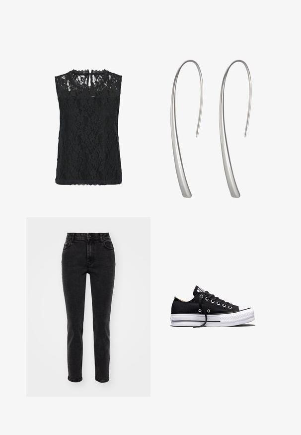 Sort blonde ærmeløs top med blomster mønster, scallopet halsudskæring og nøglehul bagpå. Letvægtsstof med tekstureret overflade.; Sorte denim jeans med lige pasform, fem-lomme design, standard bæltesløjfer og en glat tekstur. Lukning foran med knap.; Sort lavt sneakers i lærred med hvid sål i gummi, sorte snørebånd og metaløjer på hvid baggrund.; Lange sølv dråbeøreringe med et slankt, forlænget design og en glat, poleret overflade. Har en minimalistsk buet form.