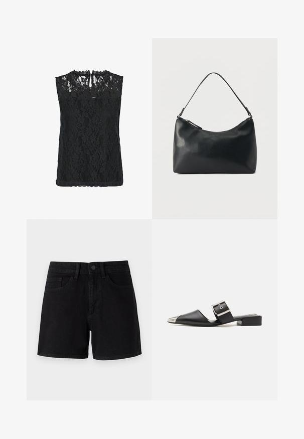 Sort blonde ærmeløs top med blomster mønster, scallopet halsudskæring og nøglehul bagpå. Letvægtsstof med tekstureret overflade.; Sorte denimshorts med en klassisk pasform, der har en lukning med knap foran, traditionelle lommer og en glat tekstur.; Sorte lædersandaler med spids tå, metallisk sølvhætte og justerbar spænde. Flad blokhælt for støtte.; Sort skuldertaske i struktureret læder med buet toplynlås og enkelt justerbar rem mod ensfarvet baggrund.