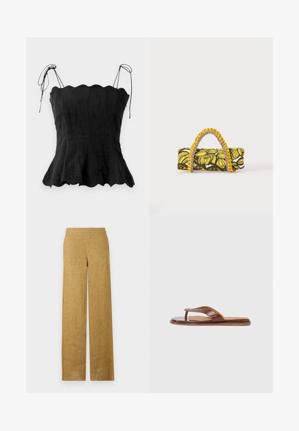 Top en lin noir avec un corsage ajusté, un décolleté festonné et des bretelles à nouer ajustables. L'ourlet évasé crée une silhouette fluide.; Pantalon taille haute à jambes larges en lin marron clair, avec un devant lisse et un design minimaliste.; Tongs en cuir marron avec une bride texturée et une semelle intérieure lisse. Présente un design minimaliste et une semelle plate, adaptées pour un usage décontracté.; Sac rectangulaire avec motif floral jaune et noir et anse tressée jaune et rose sur fond blanc.